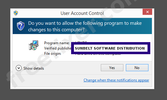 Screenshot where SUNBELT SOFTWARE DISTRIBUTION appears as the verified publisher in the UAC dialog